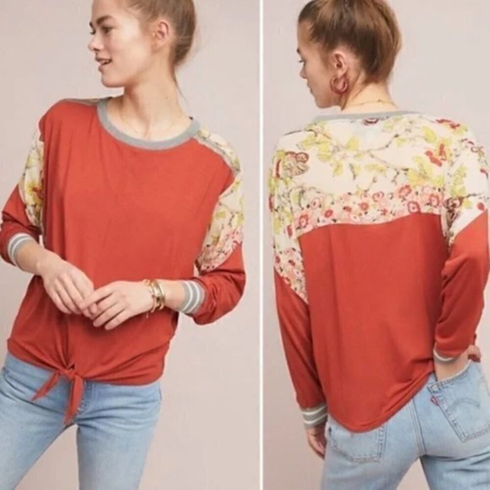 ANTHROPOLOGIE Pippa Mixed Media Sheer Panels Top Nature Butterfly Size Small
